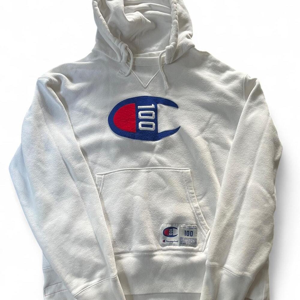 Champion 100 Year Anniversary White Hoodie- Large Embroidered Logo